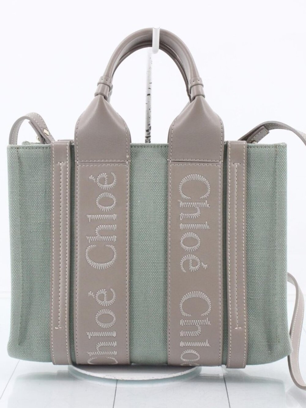 Chloé Woody Small Tote Bag – Mint Green Canvas & Beige Leather Crossbody